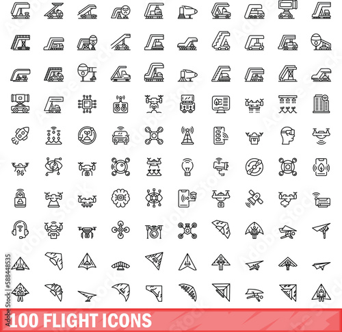 100 flight icons set. Outline illustration of 100 flight icons vector set isolated on white background