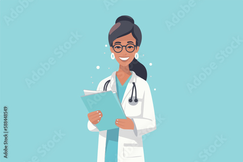 Woman doctor holds a medical record and smile on a white background, vector flat illustration, Medical tests concept, Health сare сoncept. Physician Holding a Clipboard.