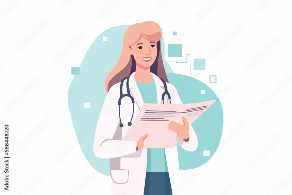Woman doctor holds a medical record and smile on a white background, vector flat illustration, Medical tests concept, Health сare сoncept. Physician Holding a Clipboard.