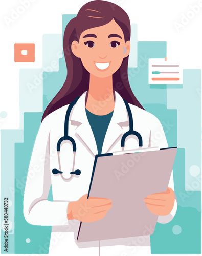 Woman doctor holds a medical record and smile on a white background, vector flat illustration, Medical tests concept, Health сare сoncept. Physician Holding a Clipboard.