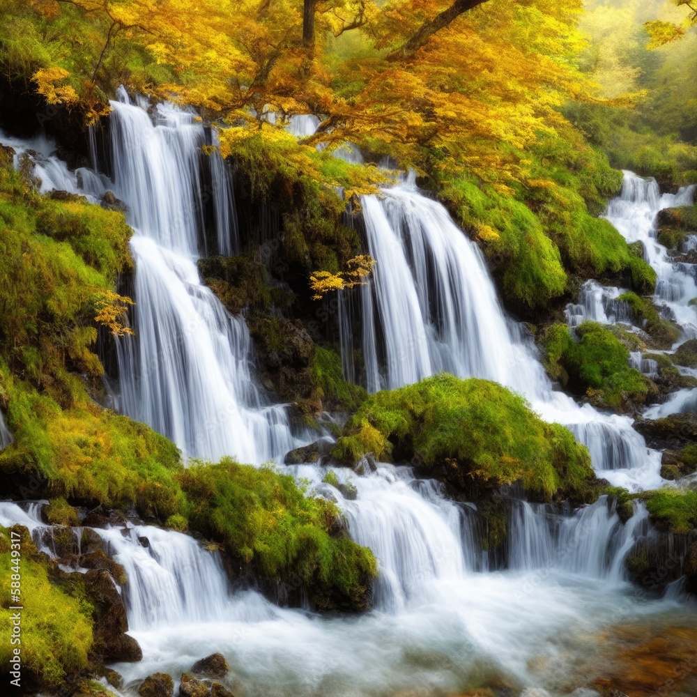 Illustration of a mesmerizing waterfall surrounded by a dense green forest created with Generative AI technology