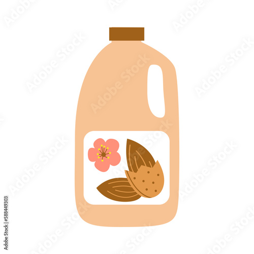 Bottle of almond milk with fruit and flower. Plant based vegan drink concept. Dairy free and non lactose beverage. Vector flat illustration.