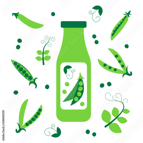 Bottle of pea milk with pods and leafs around. Plant based vegan drink concept. Dairy free and non lactose beverage. Vector flat illustration.
