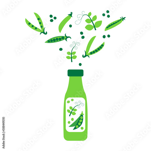 Bottle of pea milk with pods and leafs. Plant based vegan drink concept. Dairy free and non lactose beverage. Vector flat illustration.
