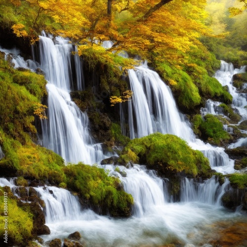 Illustration of a mesmerizing waterfall surrounded by a dense green forest created with Generative AI technology