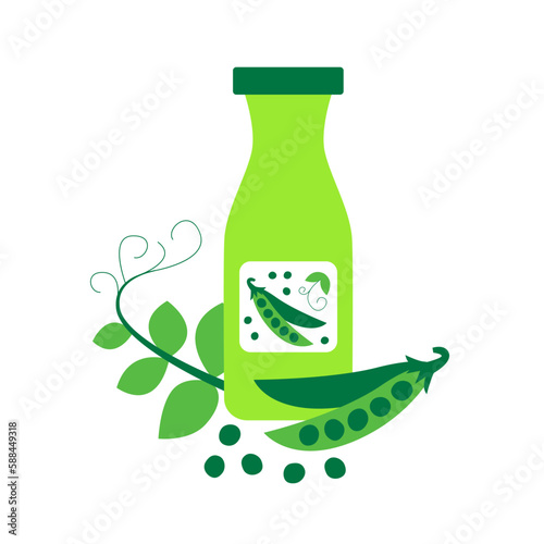 Bottle of pea milk with pods and leafs. Plant based vegan drink concept. Dairy free and non lactose beverage. Vector flat illustration.