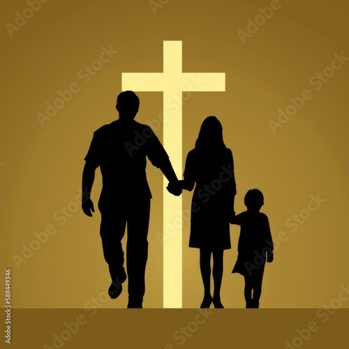 Illustration of a family holding hands in a sunset silhouette created with Generative AI technology