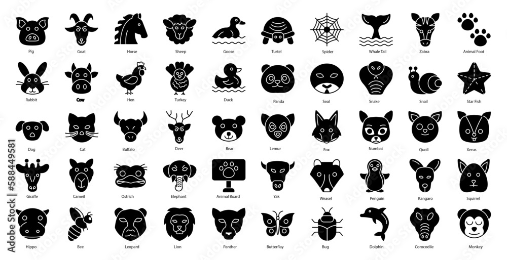 Animals Glyph Icons Animal Pet Zoo Iconset in Glyph Style 50 Vector Icons in Black