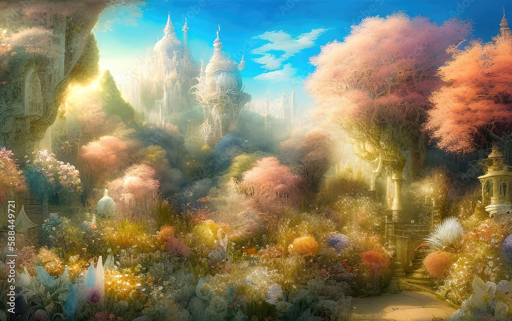 Paradise land with beautiful  gardens, castles and flowers, magical idyllic background with many flowers in eden. Generative Ai.