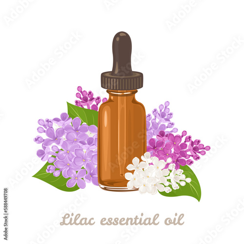Essential oil of lilac flowers. Amber glass dropper bottle  and flowers isolated on white background. Vector illustration in cartoon flat style.