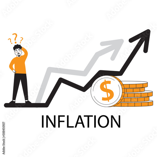 Economic inflation dollar value increase.Cost low and loss. Tiny people standing near piles of coins.Financial crisis.Character cartoon flat cartoon style.Isolated on white background.