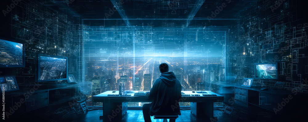 A young man from generation z as home worker, hacker alone in his technical living room or office with desk, penthouse, tv, view of a modern city skyline at blue hour, Generative AI