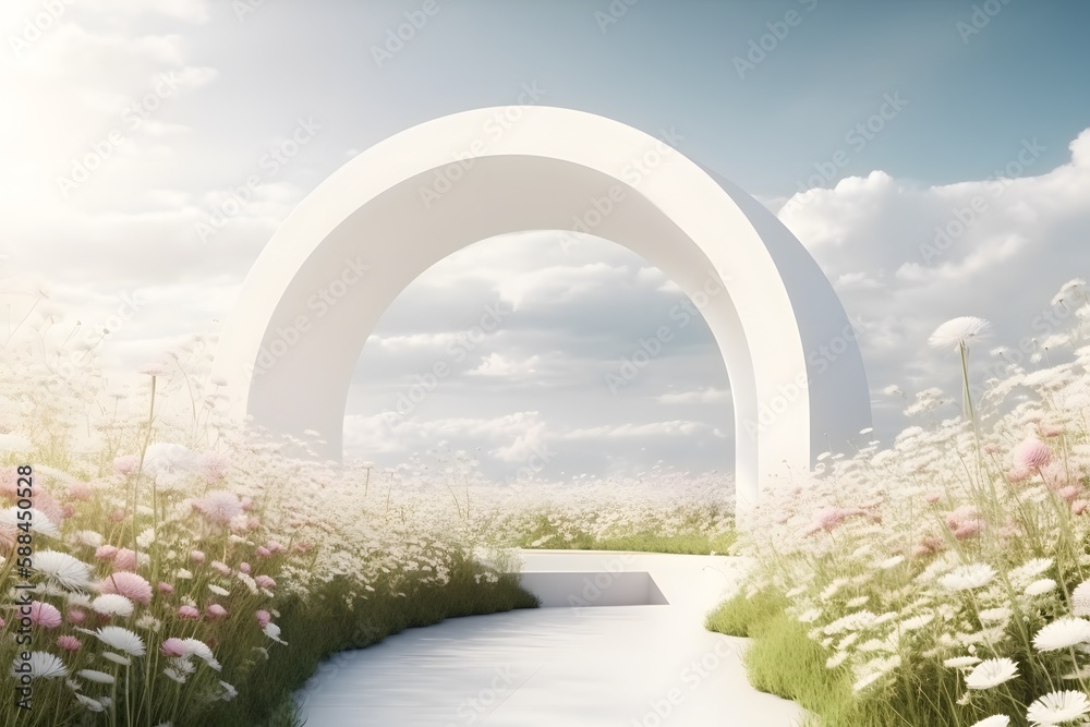 White natural beauty podium backdrop with spring flower field and arc. 3d style. Generative Ai.
