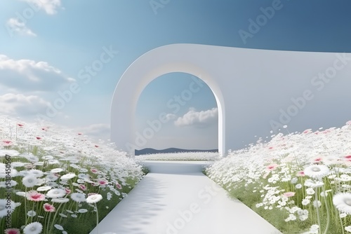 White natural beauty podium backdrop with spring flower field and arc. 3d style. Generative Ai.