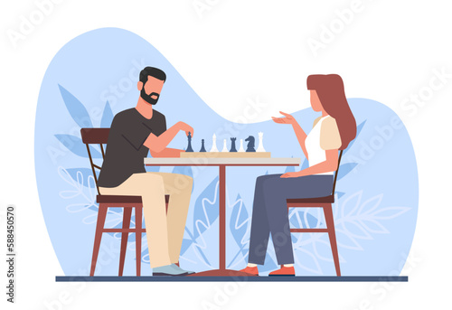 Pair of man and woman playing chess at table. Sport tournament, intelligence hobby, chessboard with figures. Smart young adult players, competitors vector cartoon flat concept