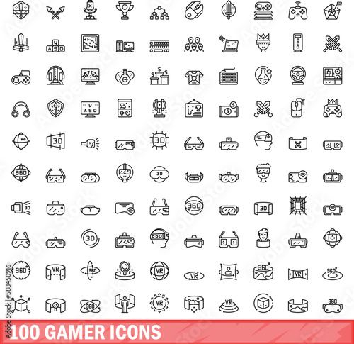 100 gamer icons set. Outline illustration of 100 gamer icons vector set isolated on white background