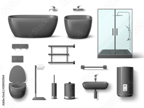 Realistic black bathroom elements. Dark ceramic and acrylic sink, toilet, bidet and shower cabin and boiler, interior 3d isolated objects, interior lavatory room utter vector set