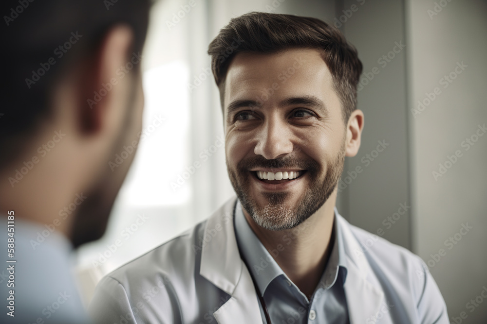 Portrait of smiling doctor and patient looking at each other in clinic, Generative AI Portrait of smiling doctor and patient looking at each other in clinic, Generative AI