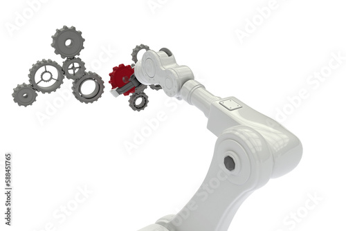 Digitally generated image of robotic arm holding red gear