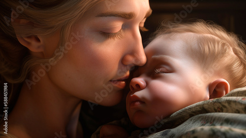 Closeup view on mother with newborn child, created with Generative AI Technology