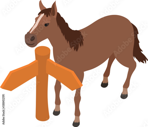 Wildwest icon isometric vector. Standing wild bay horse near wooden road sign. Wild west symbol, western