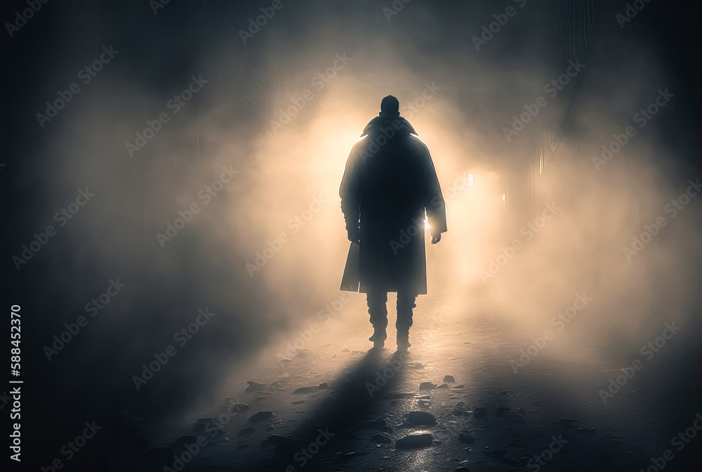 Silhouetted figure in the fog at night. Generative AI - obrazy, fototapety, plakaty 
