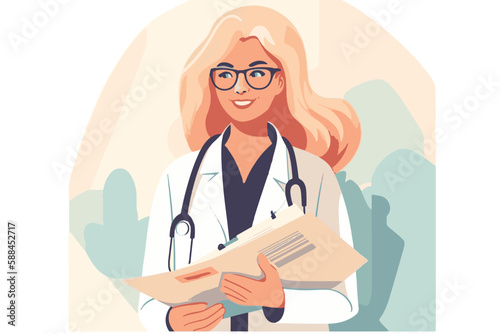 Woman doctor holds a medical record and smile on a white background, vector flat illustration, Medical tests concept, Health сare сoncept. Physician Holding a Clipboard.