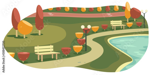 Vector Illustration of a Serene Park with Benches, Lights, and Lake during Autumn Fall Season