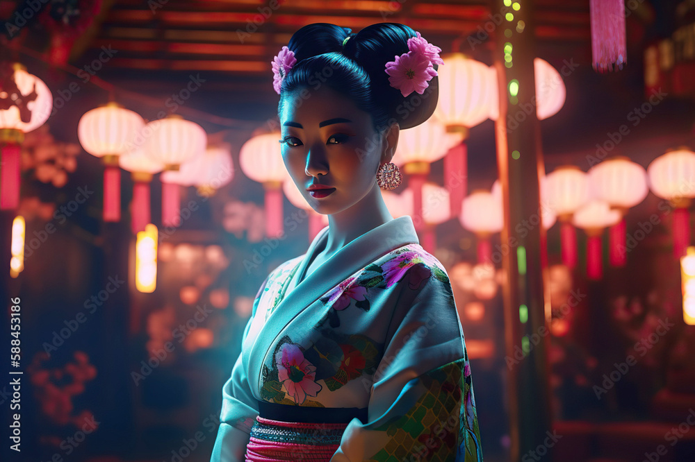 Portrait of fictional, not based on a real person geisha wearing beautiful dress, standing in traditional japanese interior with neon lights. Generative AI Portrait of fictional, not based on a real person geisha wearing beautiful dress, standing in traditional japanese interior with neon lights. Generative AI