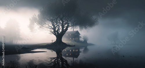 House by lake, foggy, reflection, wide. Generative AI