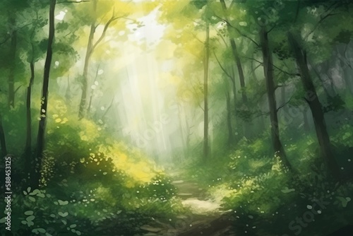 A dreamy forest with lush green foliage, delicate flowers, and soft sunlight filtering through the trees surreal style ethereal mood. Watercolor style. Generated AI.