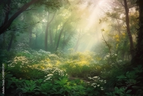 A dreamy forest with lush green foliage, delicate flowers, and soft sunlight filtering through the trees surreal style ethereal mood. Watercolor style. Generated AI.
