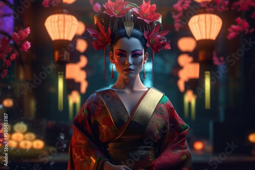 Fotografia Portrait of fictional, not based on a real person geisha wearing beautiful dress, standing in traditional japanese interior with neon lights