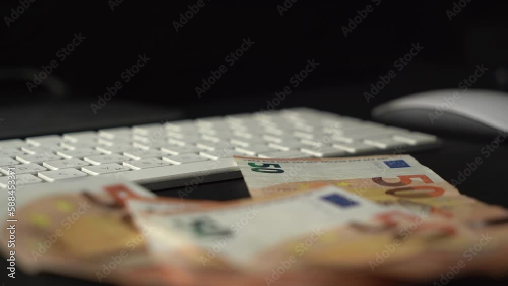 Cash money calculation on a black desktop. EU banknotes. Currency Exchange. 4k video footage Cash money calculation on a black desktop. EU banknotes. Currency Exchange. 4k video footage