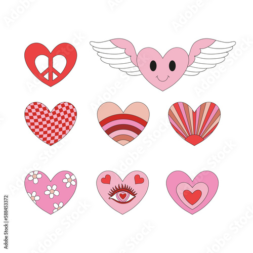  St Valentine Day groovy hippie hearts set vector illustration set isolated on white. Red pink holiday romantic decor print collection for 14 February.