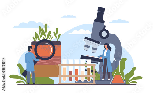 Soil analysis, study of composition of substances and microorganisms in ground layer structure sample. Scientists in laboratory. Bioengineering and chemistry research cartoon flat vector concept