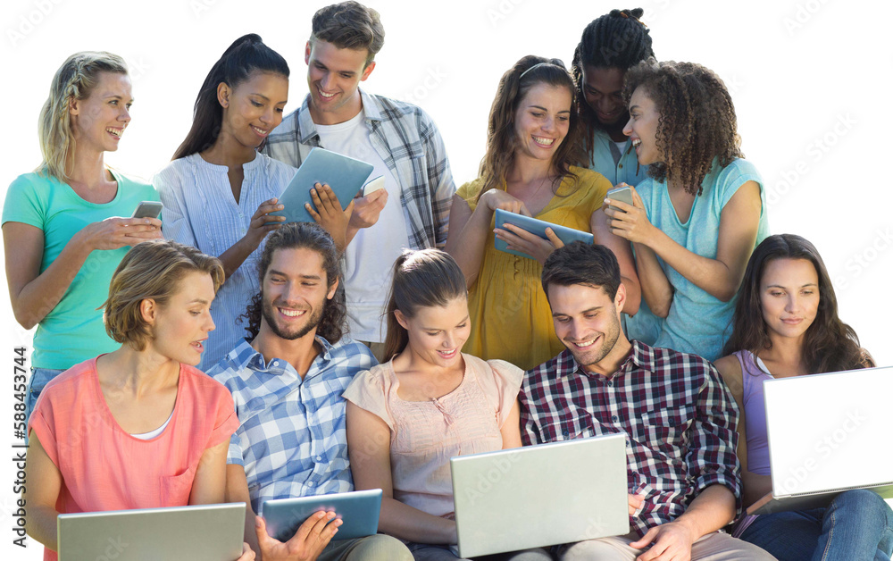 Several students using electronic devices Several students using electronic devices