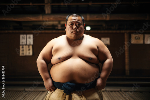 Portrait of sumo wrestler in dohyo looking at camera.  Generative AI.  photo