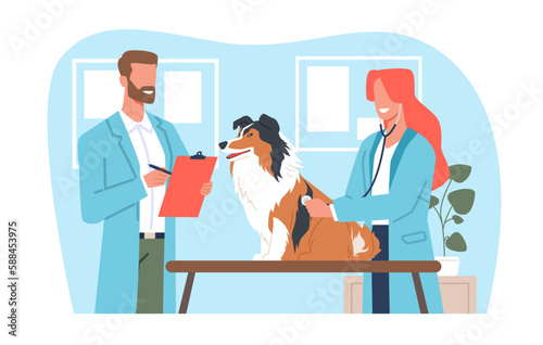 Veterinarians man and woman, employees of veterinary clinic with dog. Animal examination. Pets professional health care. Medical consultation. Cartoon flat isolated illustration. Vector concept photo