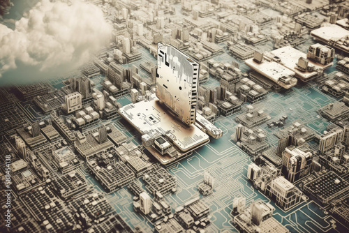 Computer circuit board and chips as a city illustrating cloud computing. Generative AI. 