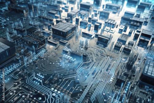 Computer circuit board and computer chips laid out like a city. Generative AI. 