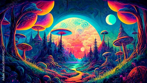 Trippy and psychedelic artwork with surreal landscape in Retro hippie style  Generative AI