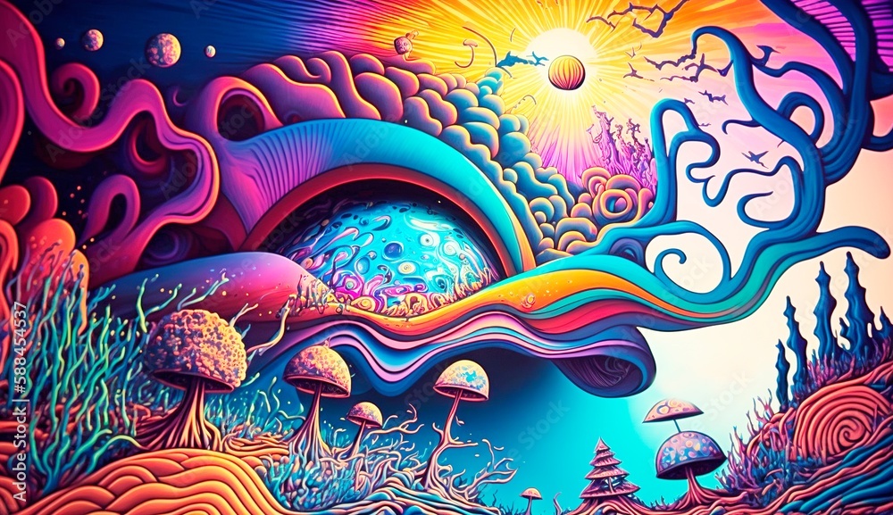 Trippy and psychedelic artwork with surreal landscape in Retro hippie style, Generative AI