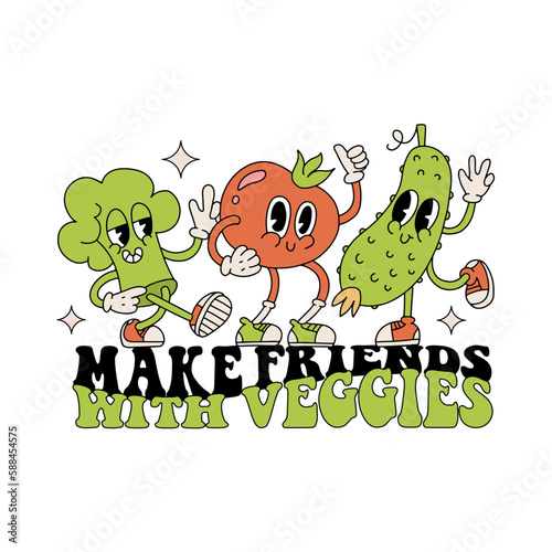 Make friends with veggies - sticker concept. Characters vegetables in retro cartoon style, funny colorful mascots - tomato, cucumber, broccoli. Vector illustration with typography elements
