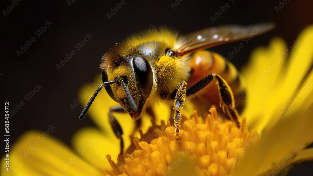 macro shot captures the intricate details of a bee hovering over a bright yellow flower, its tiny legs covered in pollen (created with Generative AI) macro shot captures the intricate details of a bee hovering over a bright yellow flower, its tiny legs covered in pollen (created with Generative AI)