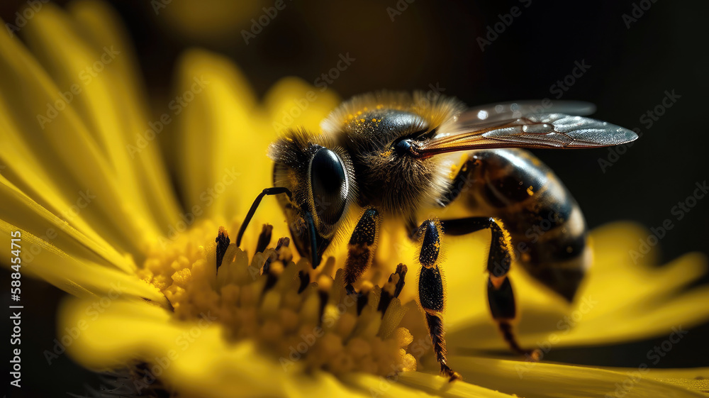 macro shot captures the intricate details of a bee hovering over a bright yellow flower, its tiny legs covered in pollen (created with Generative AI) macro shot captures the intricate details of a bee hovering over a bright yellow flower, its tiny legs covered in pollen (created with Generative AI)