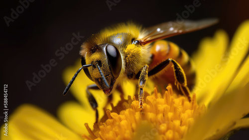 macro shot captures the intricate details of a bee hovering over a bright yellow flower, its tiny legs covered in pollen (created with Generative AI)