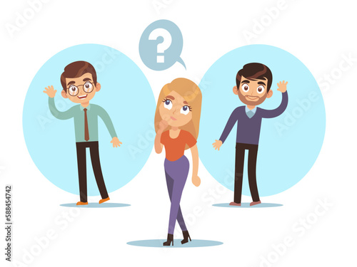 Woman thinks of two handsome men and tries to decide who she loves. Boy waving hand. Choose partner for romantic relationships. Dating app cartoon flat illustration. Vector concept