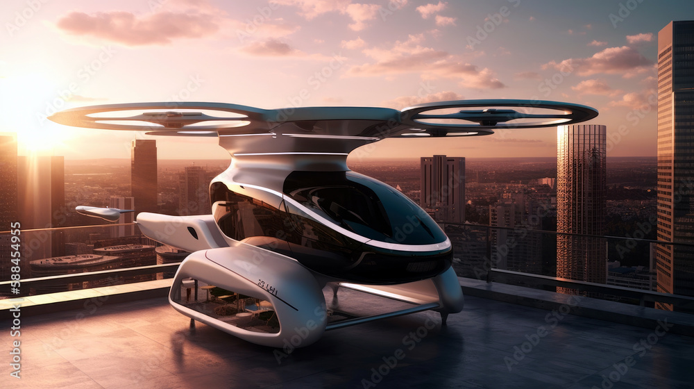 futuristic electric air taxi, taking off vertically from a rooftop, offering a glimpse into the potential of clean, urban air transportation (created with Generative AI)