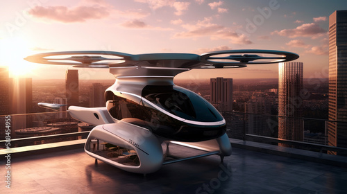 futuristic electric air taxi, taking off vertically from a rooftop, offering a glimpse into the potential of clean, urban air transportation (created with Generative AI) © AstralAngel